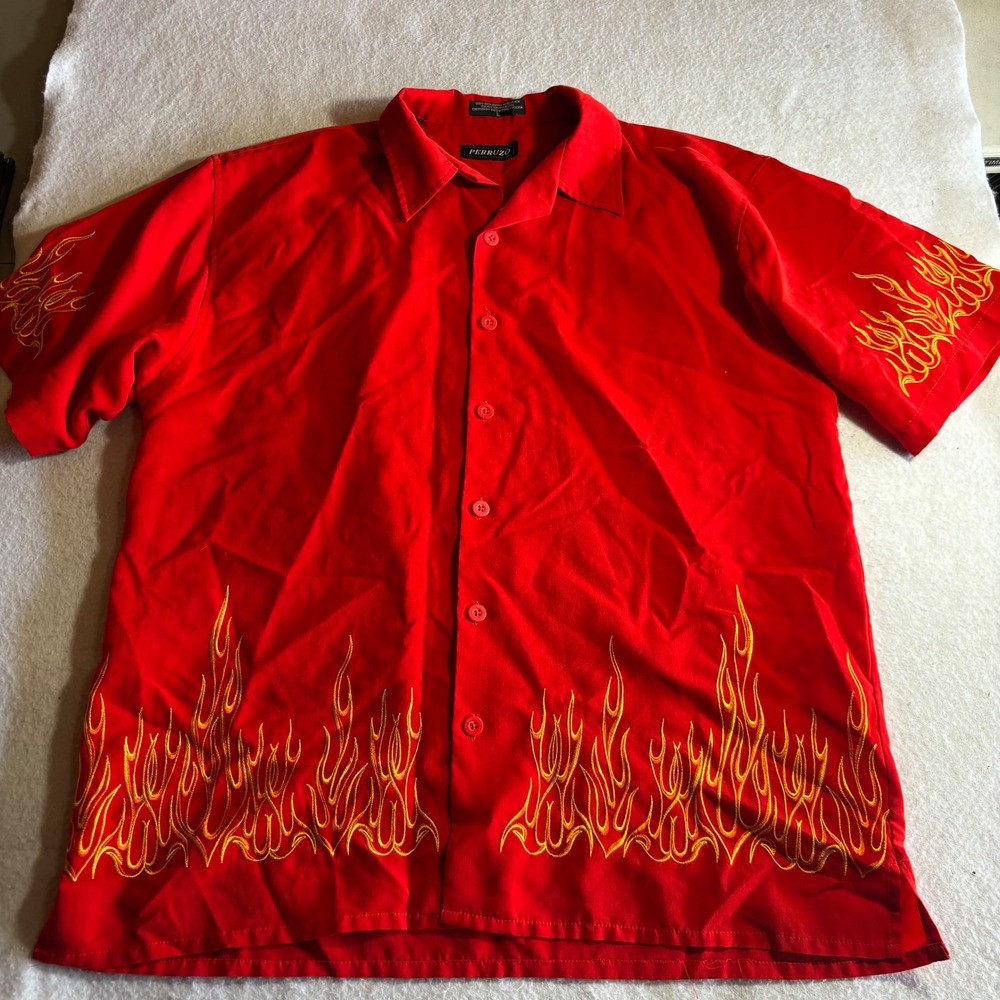 PERRUZO Red Flame Embroidered‎ Short Sleeve Button Up Shirt Men's Size L